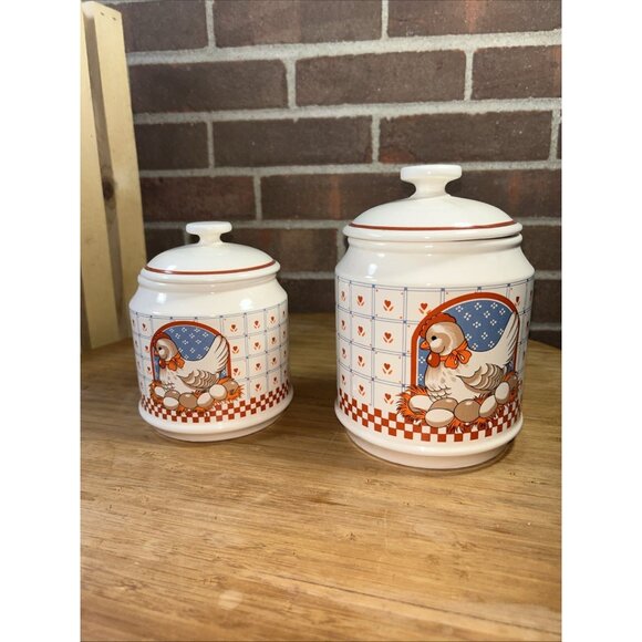 Vintage set 2 Ceramic Canister/Storage Jars Nesting Hen Chicken with Eggs Japan - Picture 4 of 9